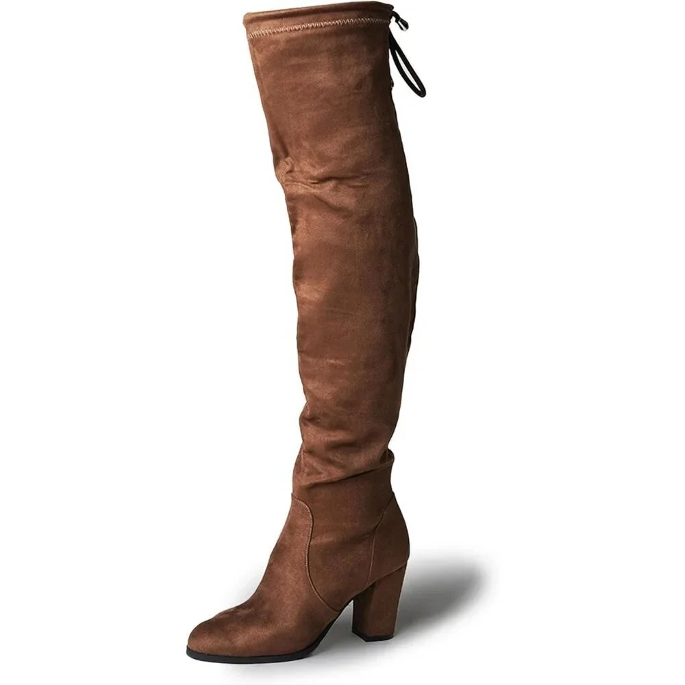 Women Khaki Vegan Suede Polyurethane Over-the-Knee Chunky Heel Rounded Toe Boot